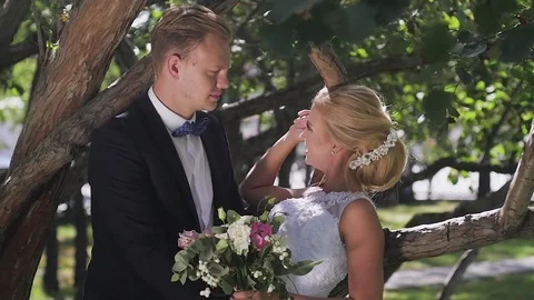The bride and groom walking in the Park in the summer. kiss and hug Stock-Footage 81543946