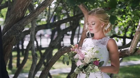 The bride and groom walking in the Park in the summer. kiss and hug Video stock 81546481