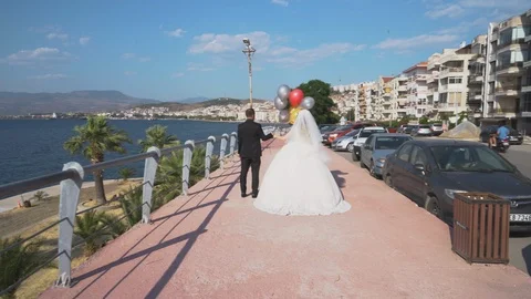 Bride and groom walking on the road 01 Stock Footage 111296677