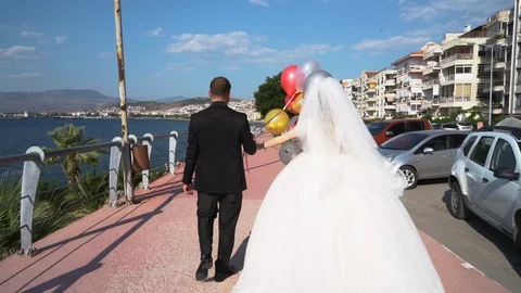 Bride and groom walking on the road 03 Stock Footage 111296860