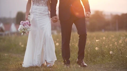 Bride and groom walking on sunset field. Stock Footage 124986911