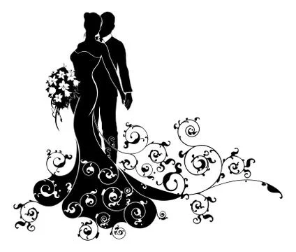 Bride and Groom Wedding Pattern Dress Silhouette Stock Illustration