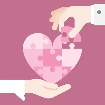 Bride and grooming Hands holding heart jigsaw puzzle Stock Illustration