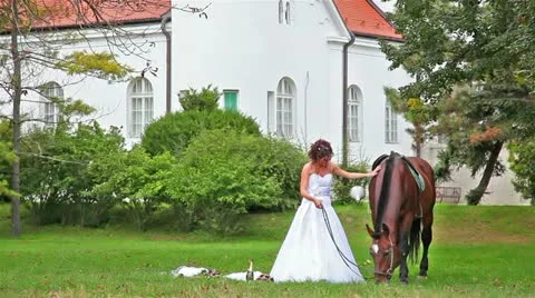 Bride and her horse while he eating Stock Footage 24673271