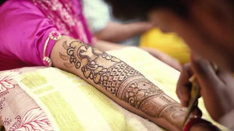 Bride Applying Intricate Mehndi on Hand Before Indian Wedding 스톡 동영상 329384583