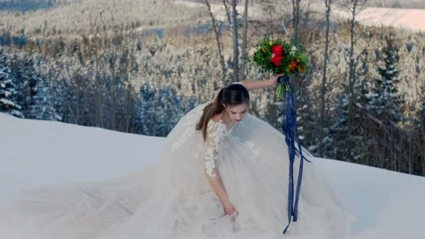 Bride on the background of snow-capped mountains Stock Footage 149696488