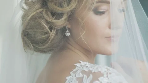 Bride behind the veil close-up Stock Footage 73289666