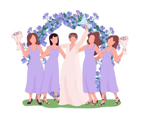 Bride with bridesmaid at reception semi flat color vector characters Stock Illustration