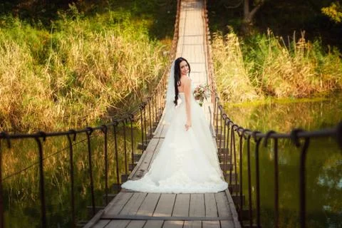 Bride on bridge Stock Photos