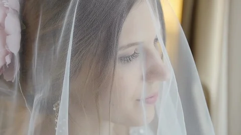 The Bride is Closed Veil Looking at the Camera Stock Footage 123515211