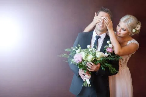 Bride closes her eyes at her husband Stock Photos