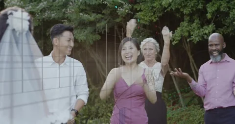 Bride drawing back and tossing bouquet toward guests for tradition with Stock Footage 320415741