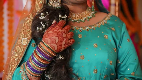 Bride dressed in traditional Indian clothes, Elements of hindi wedding. Close up Stock Footage 282322329