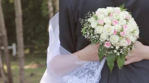 Bride embraces the groom in back Wedding day Stock Footage 65386924