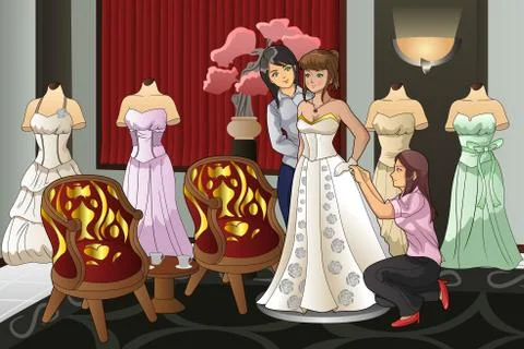 Bride Fitting Her Wedding Gown Illustrazione stock