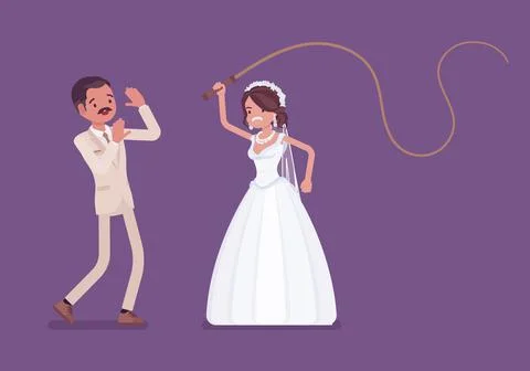 Bride flogging or beating groom with whip Stock Illustration