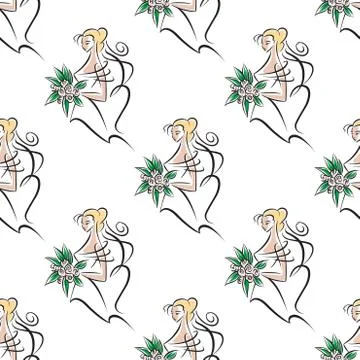 Bride with flowers bouquet seamless pattern Stock Illustration