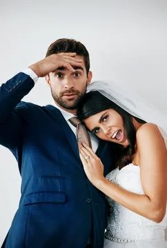 Bride, groom and commitment portrait in studio for marriage with smile, wedding Stock Photos