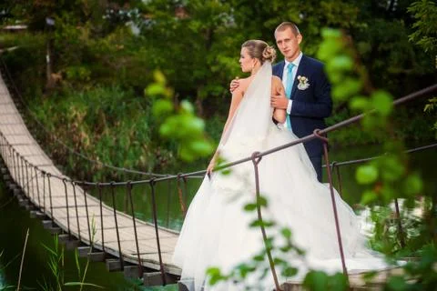 Bride with groom on the bridge in forest Stock Photos