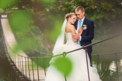 Bride with groom on the bridge in forest Stock Photos