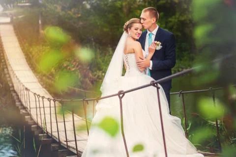 Bride with groom on the bridge in forest Stock Photos