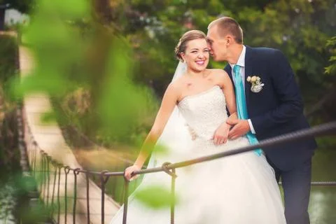 Bride with groom on the bridge in forest Stock Photos