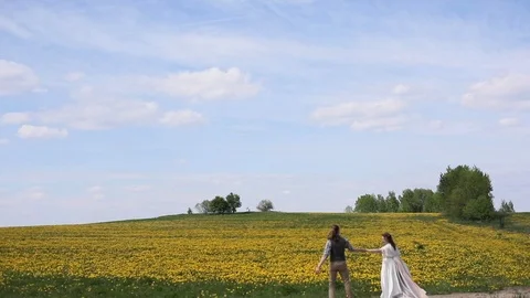 Bride groom couple dancing in yellow dandelion field scenic panoramic view  Stock Footage 89905725
