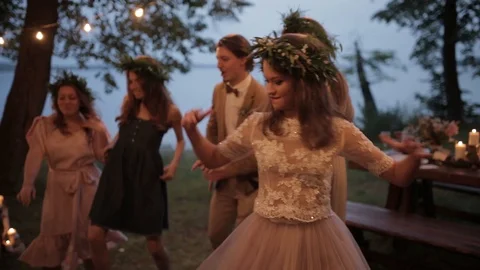 Bride guests dancing nature Stock Footage 89785346