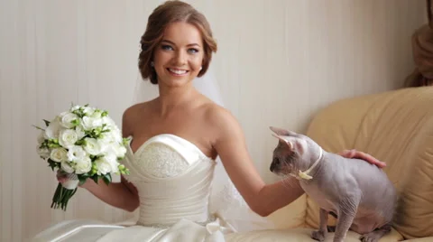 Bride with her beloved cat on your wedding day. Stock Footage 61190123