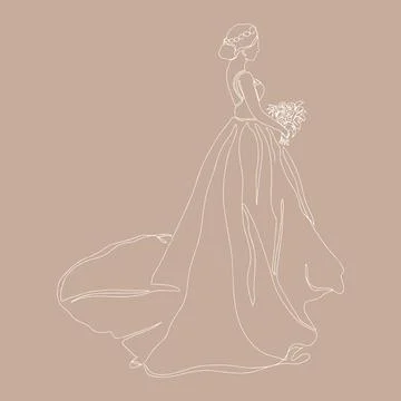 The bride holding the bouquet draws a continuous line.The silhouette of the b Stock Illustration