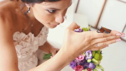 Bride Is Holding a Butterfly Stock Footage 75161310