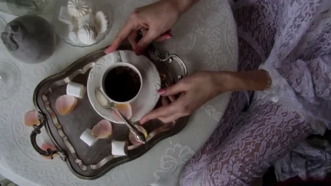 Bride Holds White Cup With Tea. Wedding Breakfast Video stock 70240937