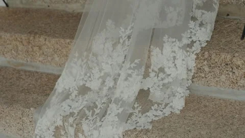 Bride Lace Wedding Dress Train Trailing Up Stone Church Steps Stock Footage 343704889