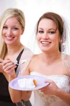 Bride: Laughing Bride with Wedding Cake Stock Photos