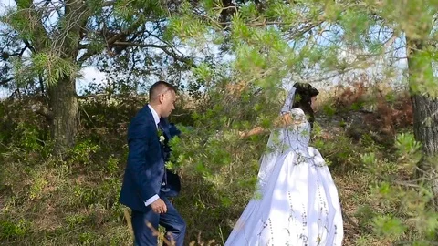 The bride leads the groom by the hand and laughs Stock Footage 82946024