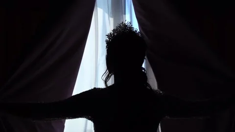 The bride opens the curtain Slow Motion Video stock 173429890