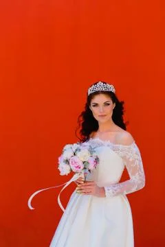 Bride portrait at the red background Stock Photos