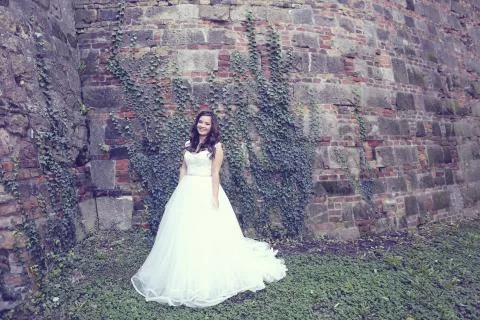 Bride posing on a bricked wall Stock Photos