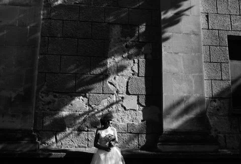 Bride posing on stone wall background Stock-Fotos