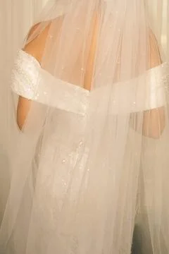Bride prepares for wedding in long white dress with veil in  bright room with Stock-Fotos