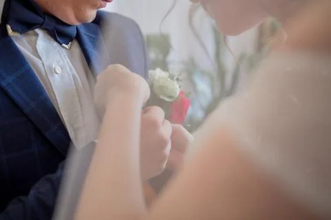 Bride puts on a buttonhole to the groom Foto stock