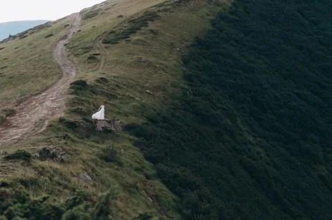 Bride on a rock against the backdrop of a mountain landscape Photos