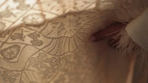 The bride runs her hand over the wedding dress. Close-up Stock Footage 130196468