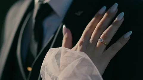A bride runs her hand over the groom's chest. Video stock 233291272