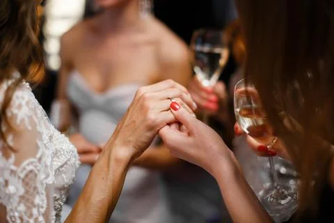 The bride shows her ring to the guests Stock Photos