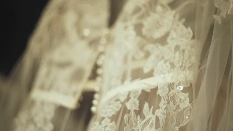 Bride in silk dressing gown holding and admiring her beautiful wedding dress in Stock Footage 105994393