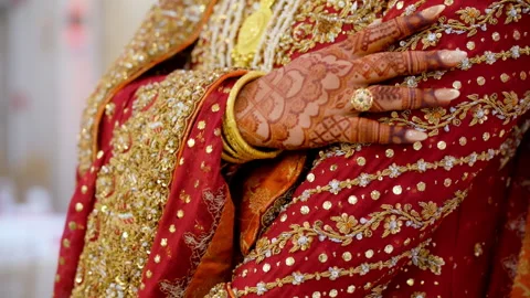 Bride slowly strokes her arm dressed in red traditional Indian wedding clothes Video stock 314763496