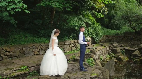 The bride standing behind groom and hugs him Stock Footage 73269526