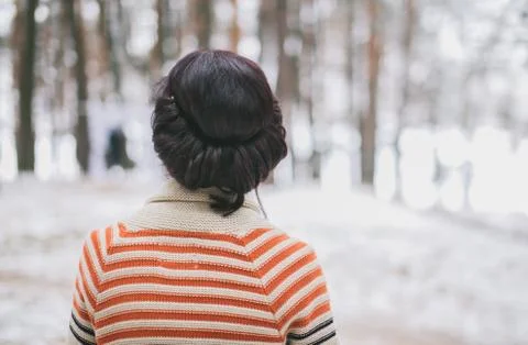 Bride standing in winter forest Stock Photos