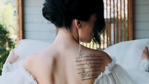 The bride stands with her back and touches the dress Stock Footage 246583690